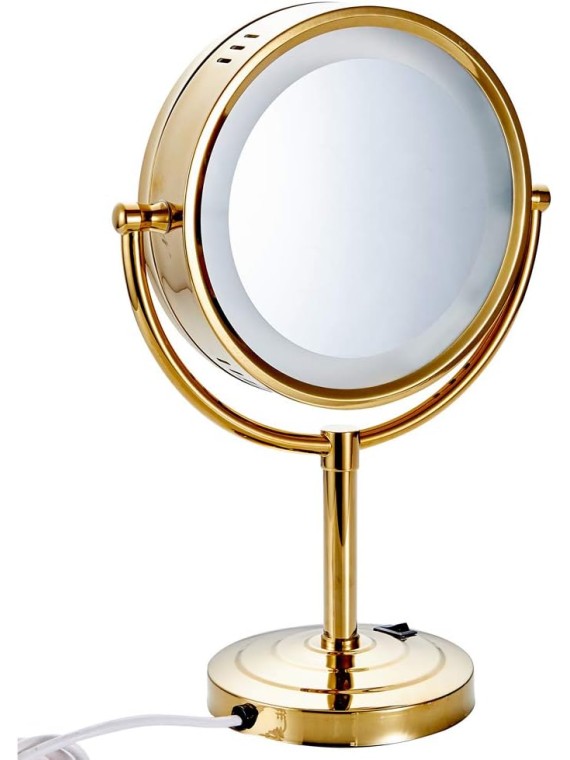 Gold LED Lighted Makeup Mirror with 10X Magnification, Three Colors Lights, 360°Swivel Extendable Bathroom Mirror, Tabletop Two-Sided, 8.5 inch