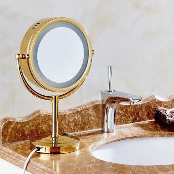 Gold LED Lighted Makeup Mirror with 10X Magnification, Three Colors Lights, 360°Swivel Extendable Bathroom Mirror, Tabletop Two-Sided, 8.5 inch