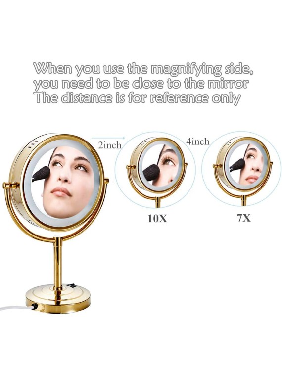 Gold LED Lighted Makeup Mirror with 10X Magnification, Three Colors Lights, 360°Swivel Extendable Bathroom Mirror, Tabletop Two-Sided, 8.5 inch