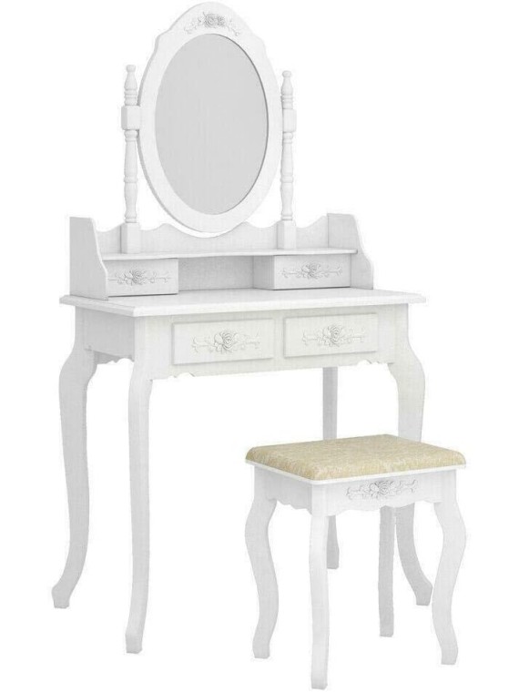 White Vanity Jewelry Makeup Dressing Table Set W/Stool 4 Drawer Mirror Wood Desk