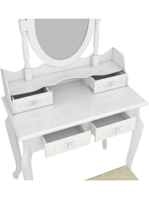 White Vanity Jewelry Makeup Dressing Table Set W/Stool 4 Drawer Mirror Wood Desk