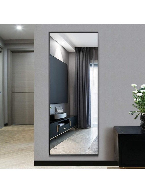 Full Length Mirror Standing Hanging or Leaning Against Wall, Large, Rectangle, Bedroom Wall-Mounted / Floor Dressing Mirror, Aluminum Alloy Thin Frame, Black, 65"x22"