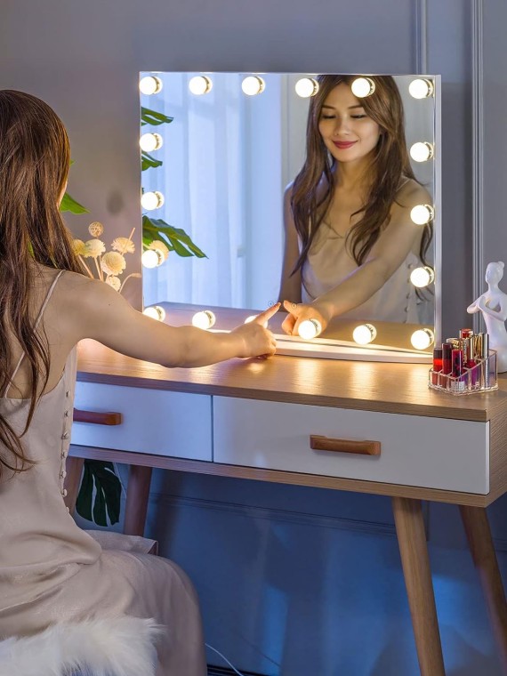 26Lx21W Vanity Mirror with Makeup Lights, Large Hollywood Light up Mirrors w/ 18 LED Bulbs for Bedroom Tabletop & Wall Mounted, White