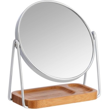 Basics Vanity Round Tabletop Mount Mirror with Squared Bamboo Tray Magnification, Chrome & Bamboo, 7.2"L x 3.35"W