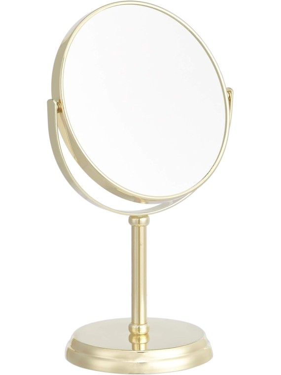 Basics Tabletop Mount Vanity Round Mirror, 1X/5X Magnification, Iron, 7.2"L x 4.92"W, Gold