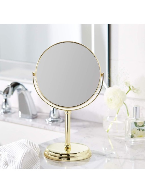 Basics Tabletop Mount Vanity Round Mirror, 1X/5X Magnification, Iron, 7.2"L x 4.92"W, Gold