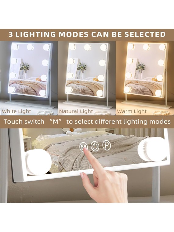 Vanity Mirror with Lights Lighted Makeup Mirror with 9 LED Bulbs Plug in Light Up Makeup Mirror with Lights 360 Rotation with 10x Magnifying Mirror Tabletop