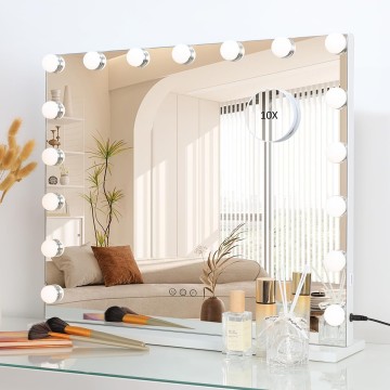 Vanity Lighted Mirror, Hollywood Makeup Mirror with Lights,Large Vanity Mirror with Lights,17 Dimmable LED Bulbs, Touch Control,Mirror with USB Outlet, White(L23.6''×H20'')