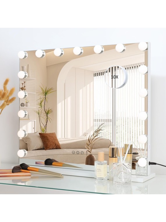 Vanity Lighted Mirror, Hollywood Makeup Mirror with Lights,Large Vanity Mirror with Lights,17 Dimmable LED Bulbs, Touch Control,Mirror with USB Outlet, White(L23.6''×H20'')