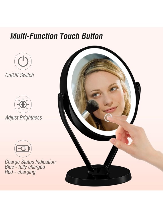 Double-Sided 1x/7x Magnification LED Makeup Mirror with Lights, Lighted Vanity Mirror USB Chargeable, Touch Sensor Control 3 Light Settings Illuminated Countertop Mirrors