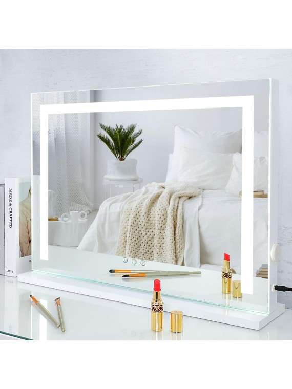 Vanity Mirror with Lights, Tabletop Wall-Mounted Makeup Mirror with Dimmable 3 Modes LED Backlit Light Strip,Touch Screen Control Cosmetic Mirror with USB Outlet, 22.8" W x 17.5" H