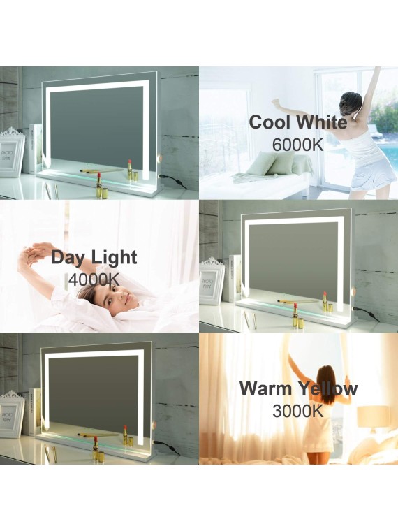 Vanity Mirror with Lights, Tabletop Wall-Mounted Makeup Mirror with Dimmable 3 Modes LED Backlit Light Strip,Touch Screen Control Cosmetic Mirror with USB Outlet, 22.8" W x 17.5" H