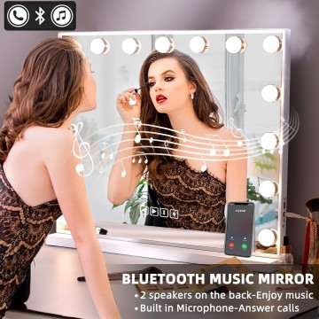 Hollywood Vanity Mirror with Lights, Bluetooth, 15 LED Bulbs, 3 Lighting Modes - White