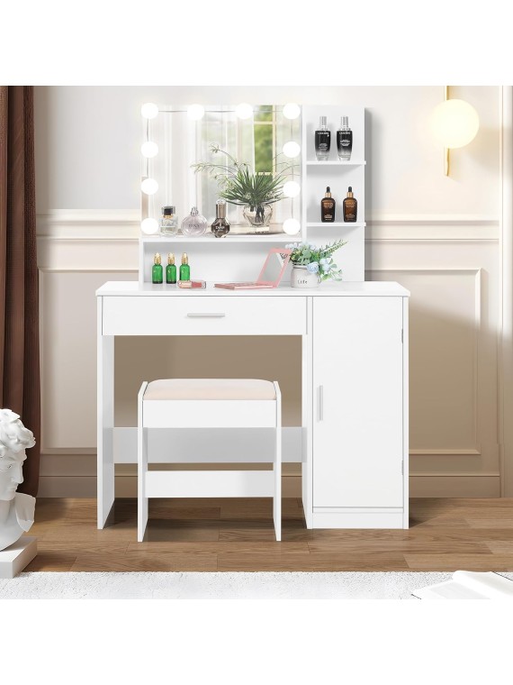 Makeup Vanity Desk for Valentine's Day, Vanity Desk Set with 1 Drawer, 1 Cabinet & 3 Shelves, Makeup Vanity Table with Stool for Bedroom, 3 Lighting Modes & Brightness Adjustable, White