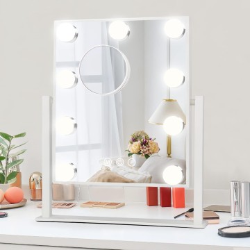 Lighted Vanity Makeup Mirror with Lights Hollywood Cosmetic Mirror with 9 Dimmable LED Bulbs for Dressing Room Tabletop, 3 Color Lighting, Detachable 10X Magnification Mirror, White