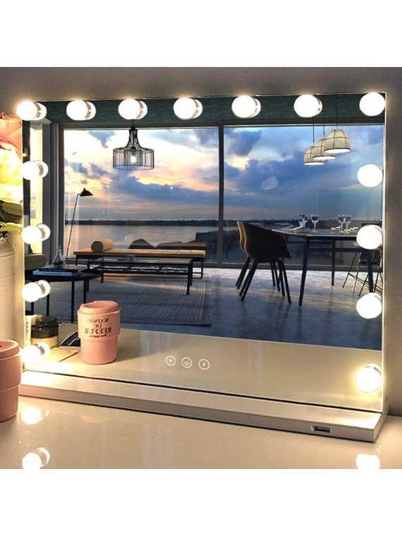 Hollywood Vanity Makeup Mirror with Lights 15 Lights Lighted Vanity Mirror Dimmable 3 Color LED Makeup Vanity Mirror for Bedroom Makeup Table Dressing USB Magnifier LED Light up Makeup Mirror