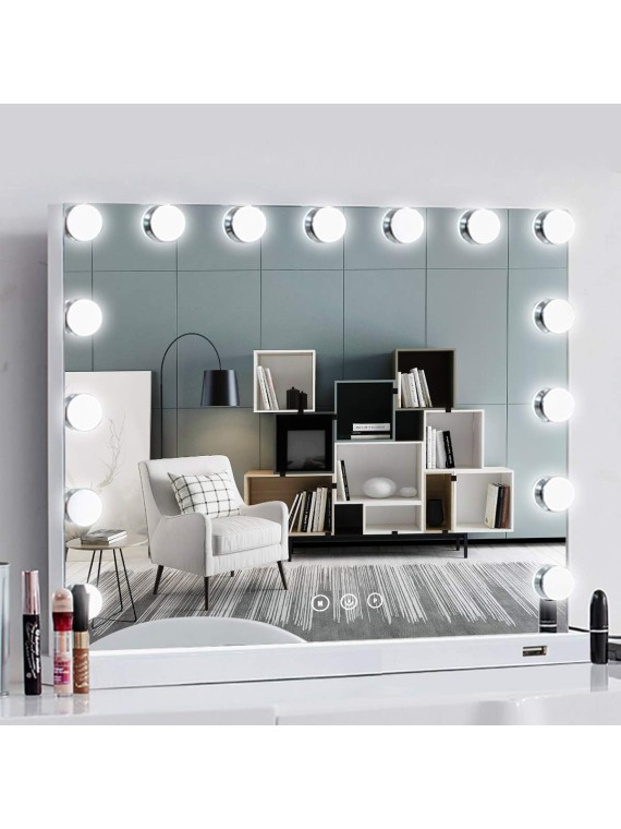 Hollywood Vanity Makeup Mirror with Lights 15 Lights Lighted Vanity Mirror Dimmable 3 Color LED Makeup Vanity Mirror for Bedroom Makeup Table Dressing USB Magnifier LED Light up Makeup Mirror