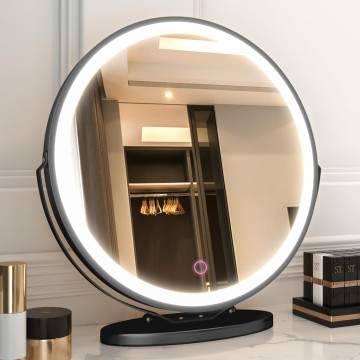 20" Vanity Makeup Mirror with Lights, 3 Color Lighting Dimmable LED Mirror, Touch Control, 360°Rotation, High-Definition Large Round Lighted Up Mirror for Bedroom Table Desk (Black)