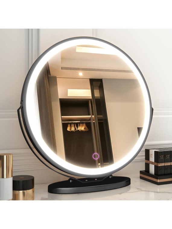 20" Vanity Makeup Mirror with Lights, 3 Color Lighting Dimmable LED Mirror, Touch Control, 360°Rotation, High-Definition Large Round Lighted Up Mirror for Bedroom Table Desk (Black)