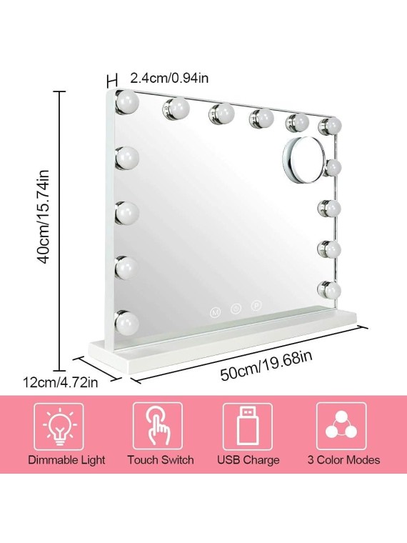 Makeup Vanity Mirror Light, Professional Plug in Light-up Mirror, Hollywood Lighted Vanity Mirror, 3 Color Dimmable Modes with Removable Magnification for Table Beauty Mirror 20 x 16 In, White