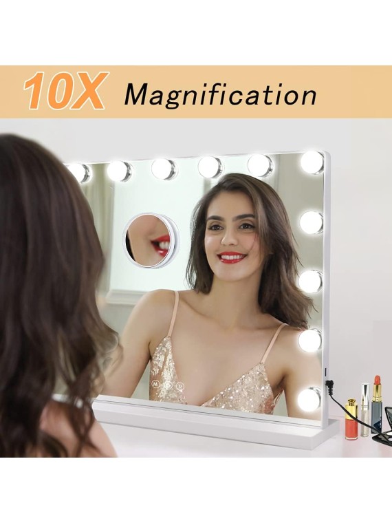 Makeup Vanity Mirror Light, Professional Plug in Light-up Mirror, Hollywood Lighted Vanity Mirror, 3 Color Dimmable Modes with Removable Magnification for Table Beauty Mirror 20 x 16 In, White