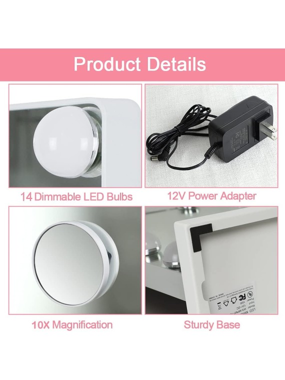 Makeup Vanity Mirror Light, Professional Plug in Light-up Mirror, Hollywood Lighted Vanity Mirror, 3 Color Dimmable Modes with Removable Magnification for Table Beauty Mirror 20 x 16 In, White