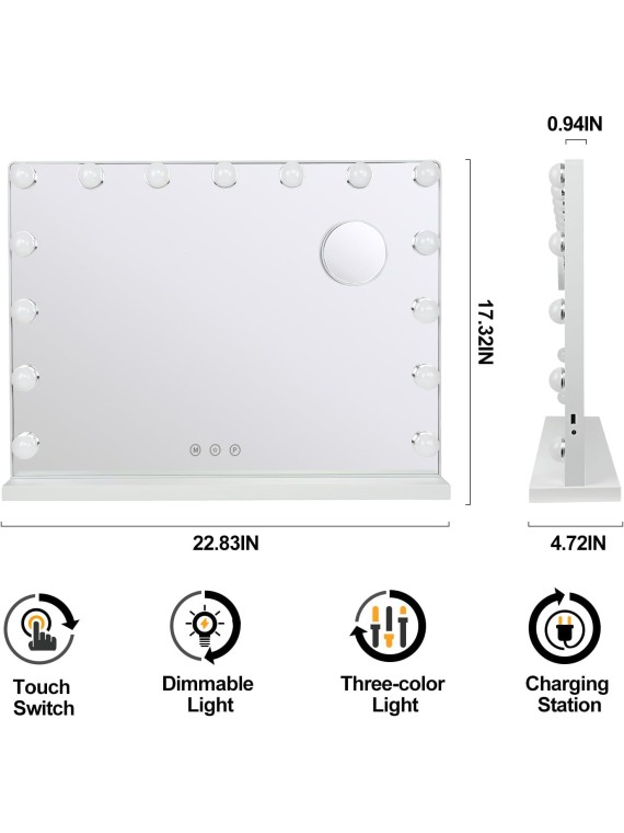 Vanity Mirror with Lights, 23In Hollywood Large Lighted Makeup Mirror with Smart Touch Control Screen & USB-Powered 15 Dimmable LED Lights for Dressing Room, Bedroom, Tabletop, White