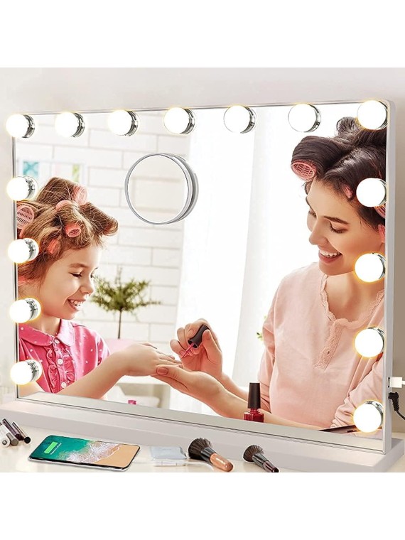 Vanity Mirror with Lights, 23In Hollywood Large Lighted Makeup Mirror with Smart Touch Control Screen & USB-Powered 15 Dimmable LED Lights for Dressing Room, Bedroom, Tabletop, White