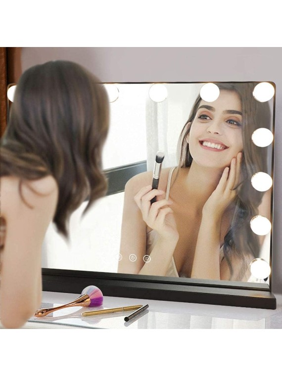 Hollywood Vanity Mirror Light, 20In Makeup Lighted Vanity Mirror, USB Outlet for Mobile Phone, 3 Color Dimmable Modes Beauty Mirror with Removable Magnification for Tabletop, Black