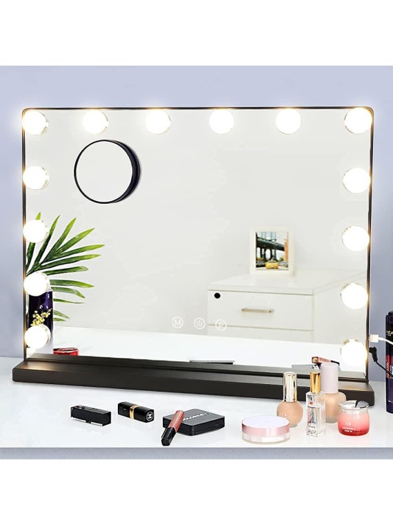 Hollywood Vanity Mirror Light, 20In Makeup Lighted Vanity Mirror, USB Outlet for Mobile Phone, 3 Color Dimmable Modes Beauty Mirror with Removable Magnification for Tabletop, Black