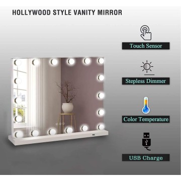 Hollywood Vanity Makeup Mirror with Lights 18 Dimmable LED Bulbs Lighted Vanity Makeup Mirror for Bedroom Makeup Table 3 Colors USB Outlets Magnifier Tabletop LED Vanity Light up Mirror