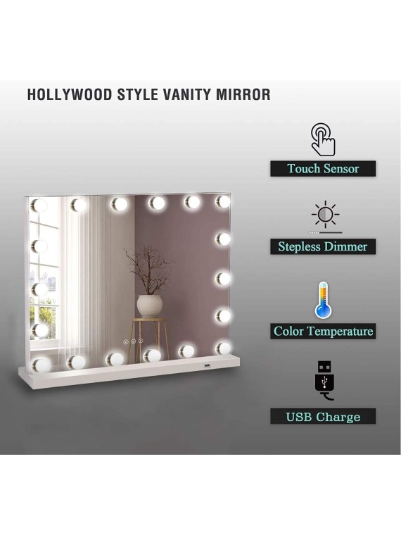 Hollywood Vanity Makeup Mirror with Lights 18 Dimmable LED Bulbs Lighted Vanity Makeup Mirror for Bedroom Makeup Table 3 Colors USB Outlets Magnifier Tabletop LED Vanity Light up Mirror