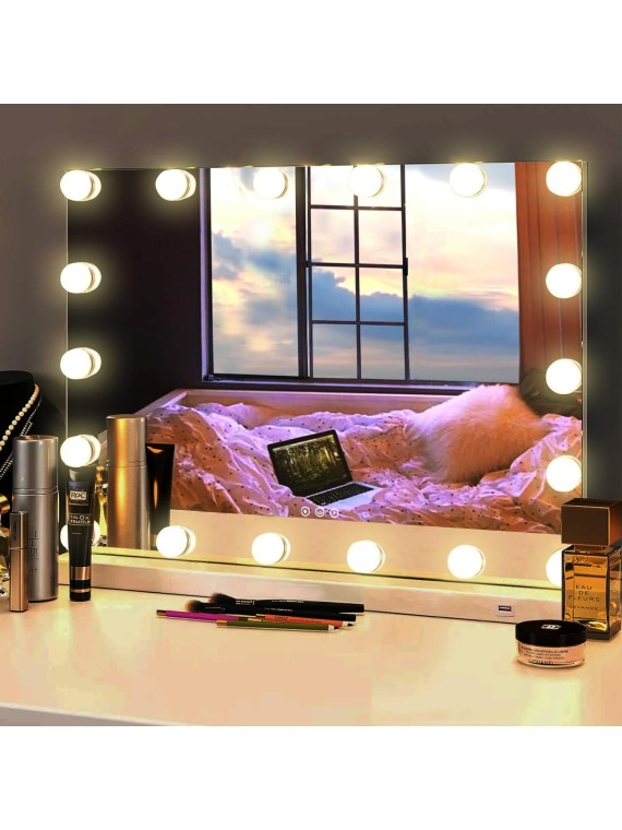 Hollywood Vanity Makeup Mirror with Lights 18 Dimmable LED Bulbs Lighted Vanity Makeup Mirror for Bedroom Makeup Table 3 Colors USB Outlets Magnifier Tabletop LED Vanity Light up Mirror