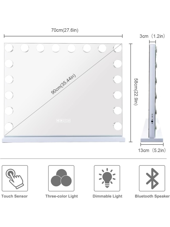 Hollywood Vanity Mirror with Lights and Bluetooth Large Vanity Makeup Mirror 18 Dimming LED Bulbs Lighted Vanity Mirror Tabletop or Wall Mount 28x22in