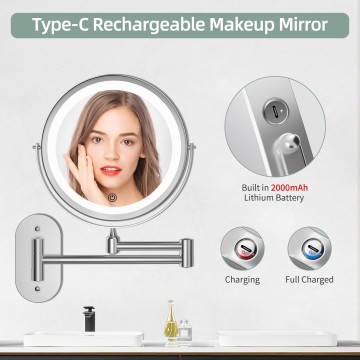 Rechargeable Wall Mounted Lighted Makeup Vanity Mirror 8 inch 1X/10X Magnifying Bathroom Mirror with 3 Color Lights, Double Sided with Dimmable LED Lights, Extended Arm 360° Swivel Extension Mirror