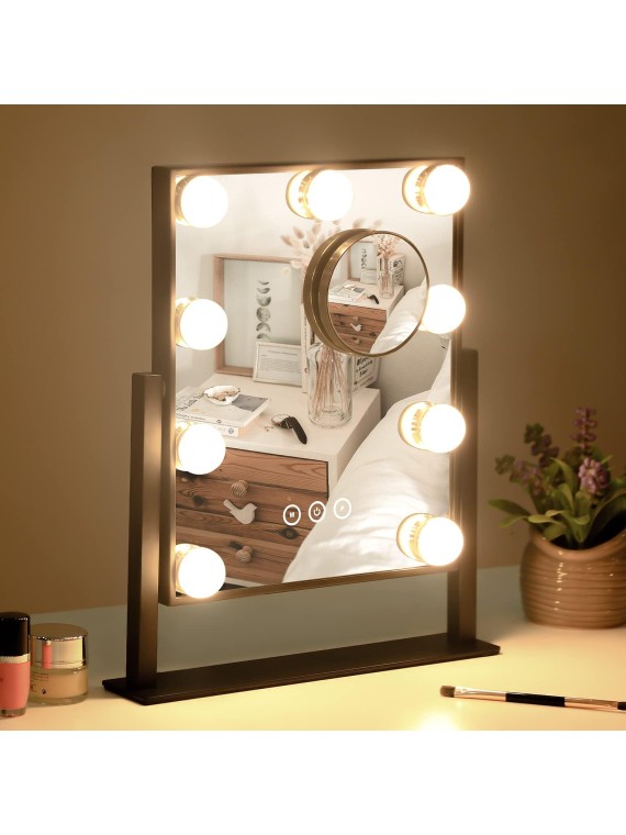 Large Vanity Mirror with Lights, Hollywood Lighted Makeup Mirror with 9 Dimmable LED Bulbs for Dressing Room & Bedroom, Lighted Makeup Mirror with Detachable 10x Magnification, (Black)