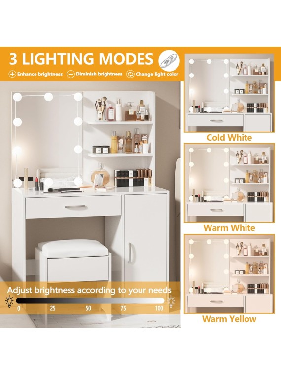 Makeup Vanity with Lights, Vanity Desk with Mirror and Lights Set, Large Drawer and Two-Tier Lots Storage Cabinet Dresser, 3 Lighting Modes Adjustable Brightness, Makeup Table for Bedroom, White