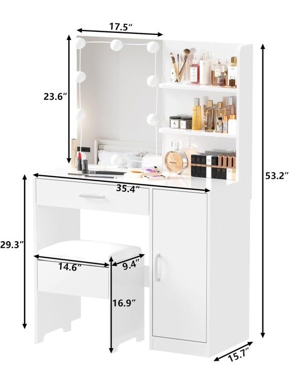 Makeup Vanity with Lights, Vanity Desk with Mirror and Lights Set, Large Drawer and Two-Tier Lots Storage Cabinet Dresser, 3 Lighting Modes Adjustable Brightness, Makeup Table for Bedroom, White