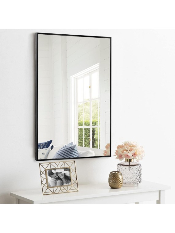 Wall-Mounted Mirror Rectangular Hanging Mirror Metal Framed Wall Mirror, Best for Bathroom, Washroom, Bedroom, Living Room, Black, 38"x26"