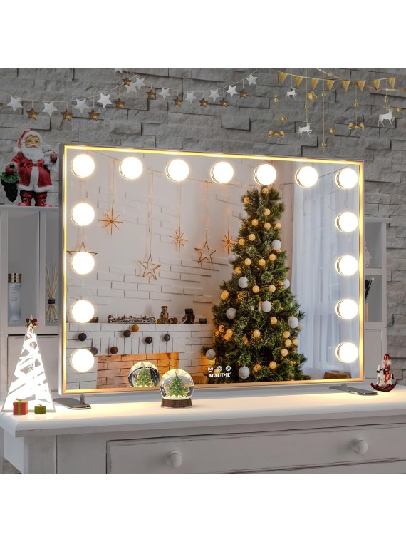 30"x22" Lighted Vanity Makeup Mirror with 15pcs LED Bulbs, Hollywood Vanity Mirror with Lights, 10X Magnification and 3 Color Light Modes, Perfect for Dressing Room Tabletop