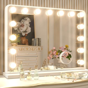 Large Vanity Mirror with Lights, 15 Replaceable Bulbs Hollywood Makeup Mirror with 2 Replacement Bulbs, 3-Color Lights, Aluminum Metal Frame, USB Charging Port, 23" x 18" White Lighted Mirror