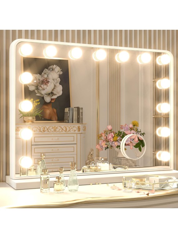 Large Vanity Mirror with Lights, 15 Replaceable Bulbs Hollywood Makeup Mirror with 2 Replacement Bulbs, 3-Color Lights, Aluminum Metal Frame, USB Charging Port, 23" x 18" White Lighted Mirror