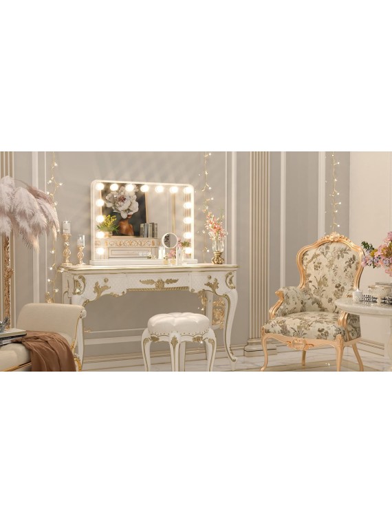 Large Vanity Mirror with Lights, 15 Replaceable Bulbs Hollywood Makeup Mirror with 2 Replacement Bulbs, 3-Color Lights, Aluminum Metal Frame, USB Charging Port, 23" x 18" White Lighted Mirror