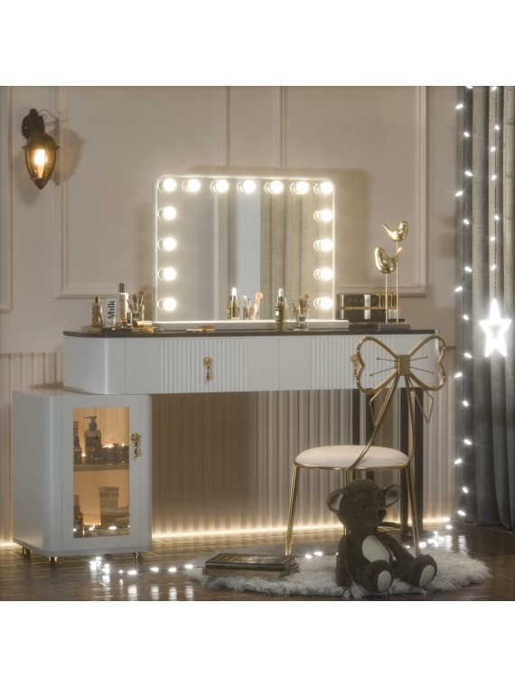 Large Vanity Mirror with Lights, 15 Replaceable Bulbs Hollywood Makeup Mirror with 2 Replacement Bulbs, 3-Color Lights, Aluminum Metal Frame, USB Charging Port, 23" x 18" White Lighted Mirror