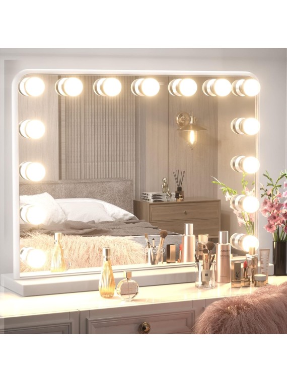 Large Vanity Mirror with Lights, 15 Replaceable Bulbs Hollywood Makeup Mirror with 2 Replacement Bulbs, 3-Color Lights, Aluminum Metal Frame, USB Charging Port, 23" x 18" White Lighted Mirror