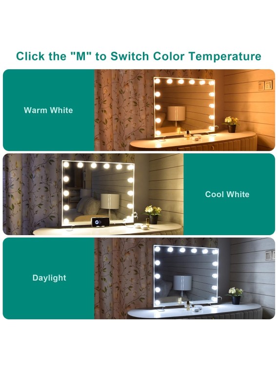 Hollywood Vanity Mirror with Lights, 14 Dimmable LED Bulbs Makeup Mirror, Tabletop or Wall-Mounted Led Light Mirror,3 Color Lighting Modes,Perfect for Dressing Room&Bedroom,Metal Frame Design