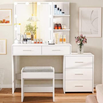 43.5in Large Vanity Desk with Mirror and 10 LED Lights, Makeup Vanity Table with Lights and 5 Drawers, White Vanity Table Vanity Set with Storage Shelves and Stool for Women Girls, White