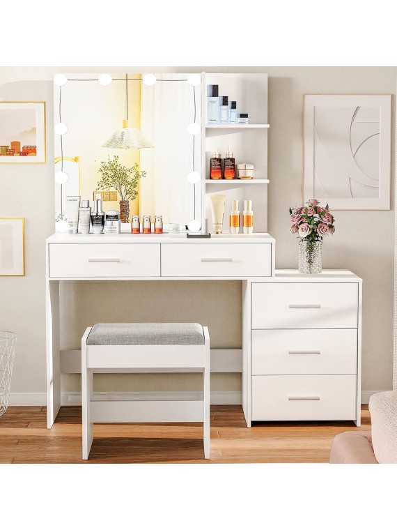 43.5in Large Vanity Desk with Mirror and 10 LED Lights, Makeup Vanity Table with Lights and 5 Drawers, White Vanity Table Vanity Set with Storage Shelves and Stool for Women Girls, White