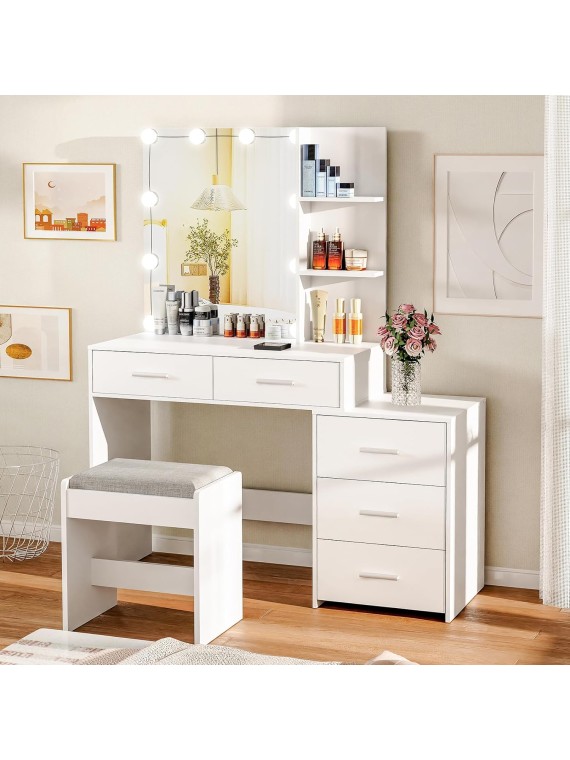 43.5in Large Vanity Desk with Mirror and 10 LED Lights, Makeup Vanity Table with Lights and 5 Drawers, White Vanity Table Vanity Set with Storage Shelves and Stool for Women Girls, White