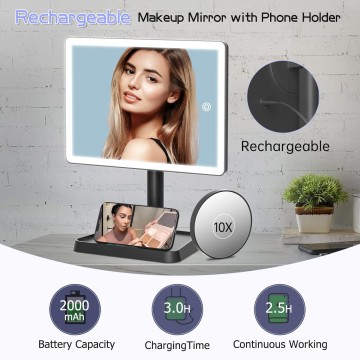 Rechargeable Makeup Vanity Mirror with Lights, Large Lighted Desk Makeup Mirror with 96 LED Lights and 10x magnifying Mirror, 3 Color Lighting, Make up Light Mirror with Phone Holder